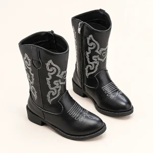 Bottes cowboy noires pour fille avec broderies élégantes et zip pratique