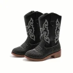 Bottes cowboy fille noires avec broderies grises élégantes