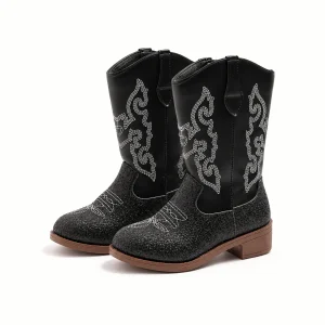 Bottes cowboy fille noires avec broderies grises élégantes