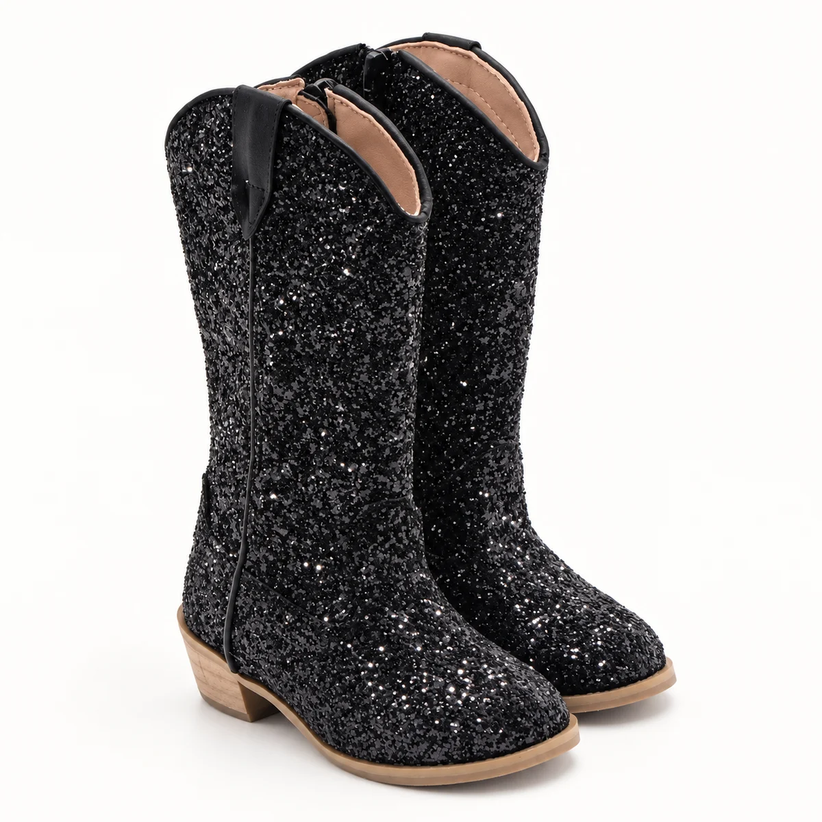 Vue latérale des bottes cowboy noires à finition pailletée avec semelle robuste pour fille