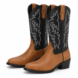 Paire de bottes cowboy bicolores à tige noire brodée sur fond clair.