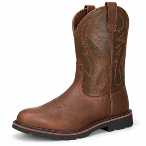 Bottes cowboy homme marron brodées à talon épais, vue de trois quarts sur fond blanc