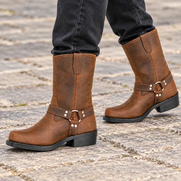 Bottes cowboy homme marron clair à harnais, portées en marchant avec un pantalon sombre