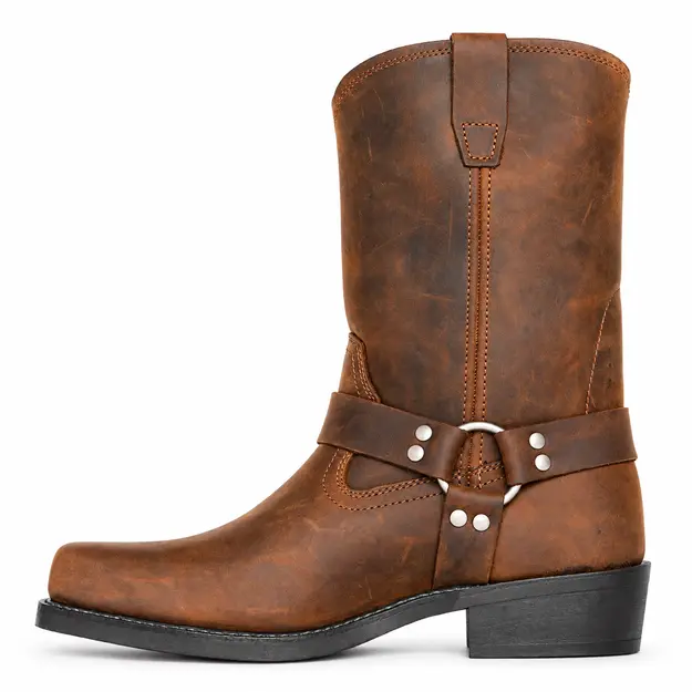 Bottes cowboy homme marron clair à harnais, vue de profil sur fond blanc