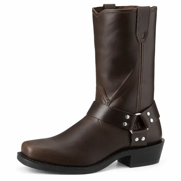 Bottes cowboy homme marron foncé à harnais, vue de profil sur fond blanc