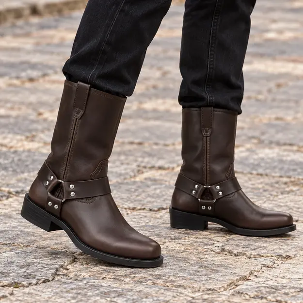 Bottes cowboy homme marron foncé mi-mollet à zip, portées en marchant avec un pantalon sombre