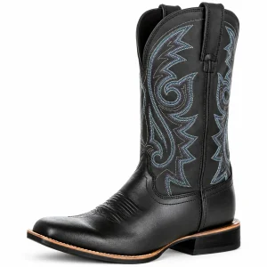 Bottes cowboy homme noires avec broderies bleu-gris détaillées