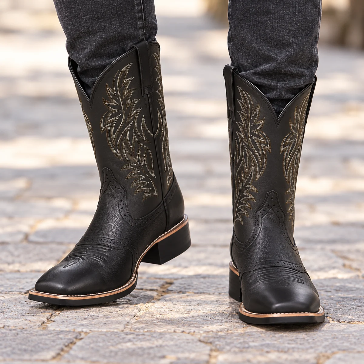 Chaussures cowboy homme noires avec broderies décoratives sur le côté