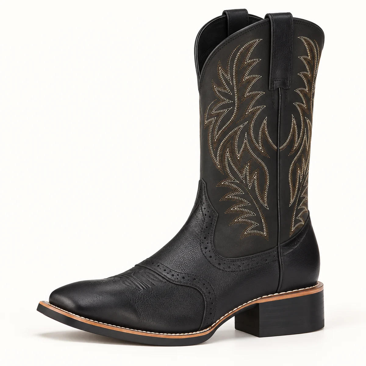 Bottes cowboy noires masculines à broderies claires et détails confectionnés