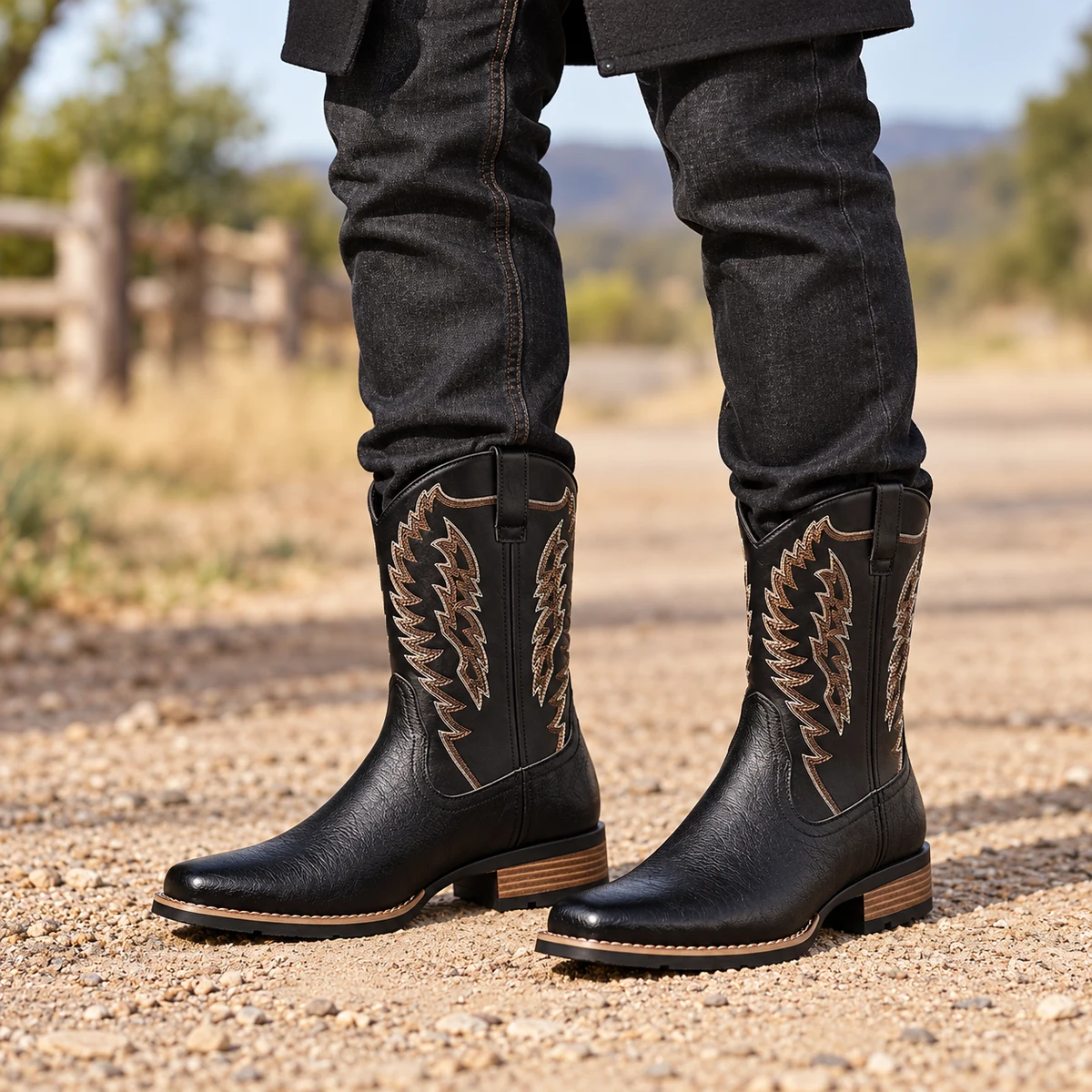 Homme portant des bottes cowboy noires à broderies en ailes.