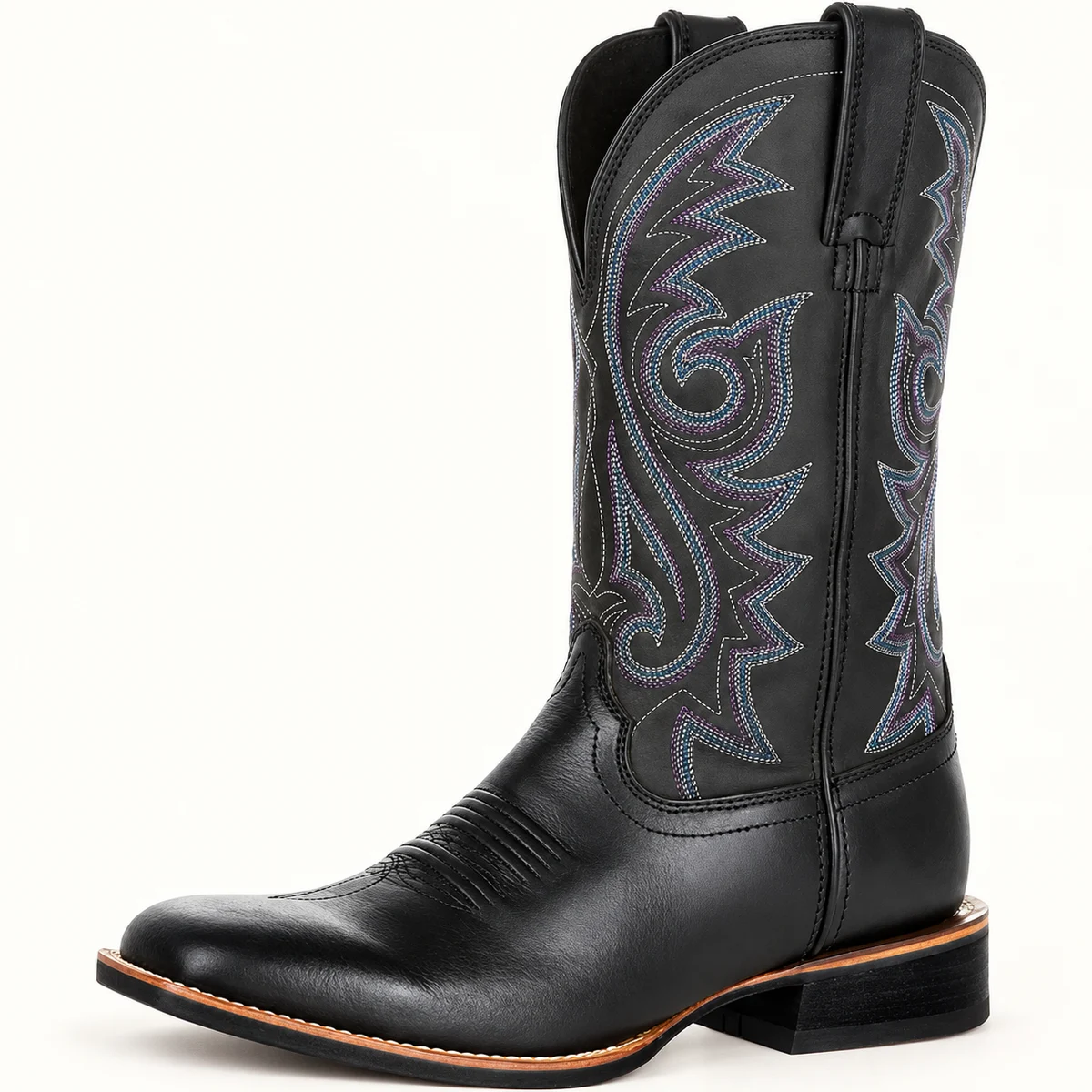 Bottes de cowboy hommes noire avec motifs de broderie grise tendance