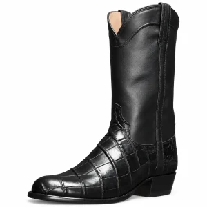 Bottes cowboy homme noires en cuir à finition crocodile