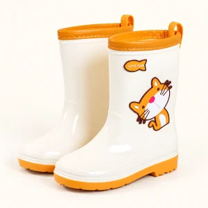 Paire de bottes de pluie crème à chat et bord orange