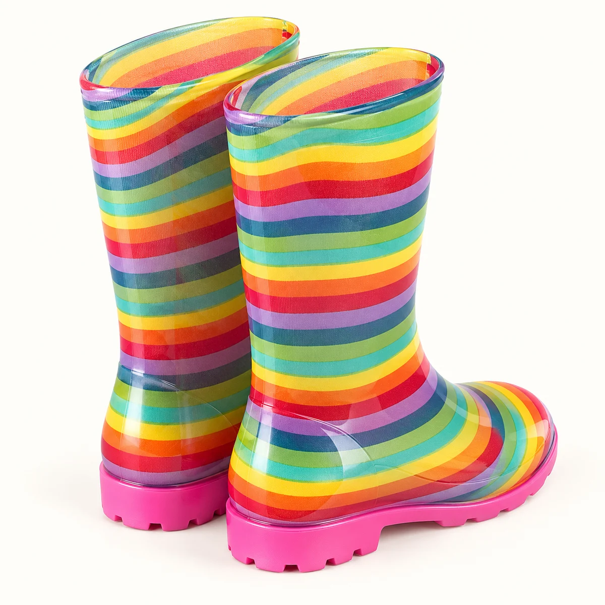 Autre vue de bottes de pluie hautes à rayures arc-en-ciel