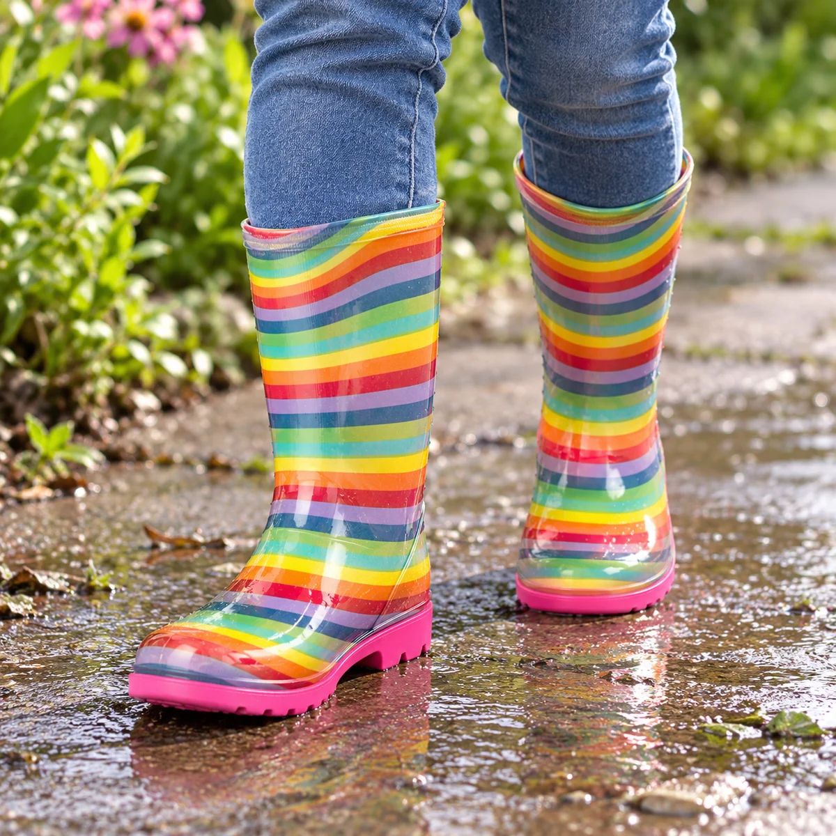 Enfant portant des bottes de pluie hautes à rayures arc-en-ciel