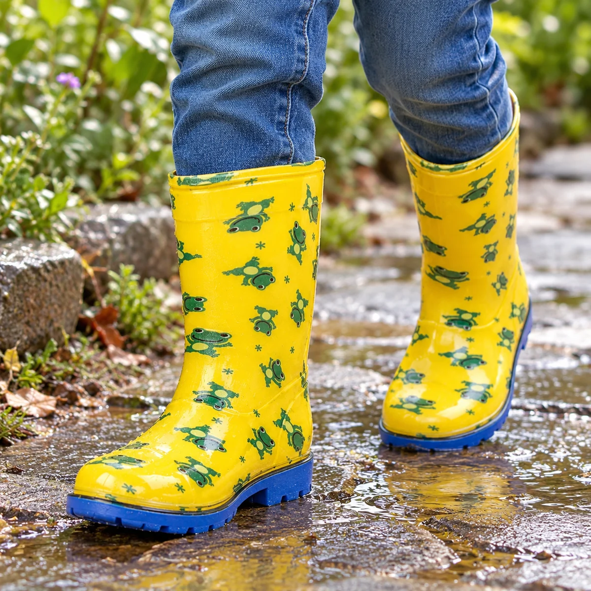 Enfant portant des bottes de pluie jaunes à grenouilles vertes