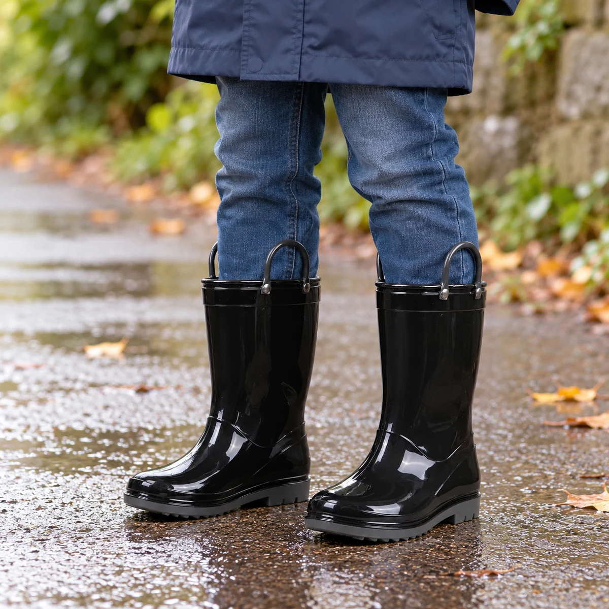 Enfant portant des bottes de pluie noires brillantes à deux anses.