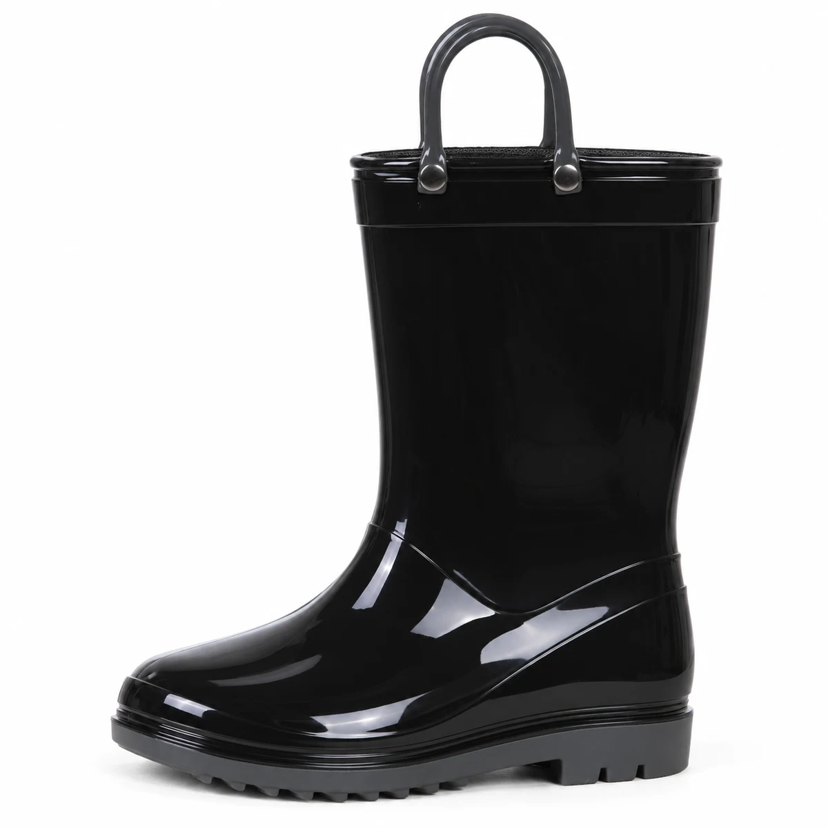 Vue de profil des bottes de pluie noires brillantes à deux anses sur fond clair.