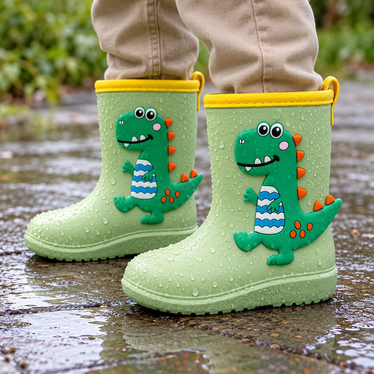 Enfant portant des bottes de pluie vertes à dinosaure en relief sur un chemin pavé.