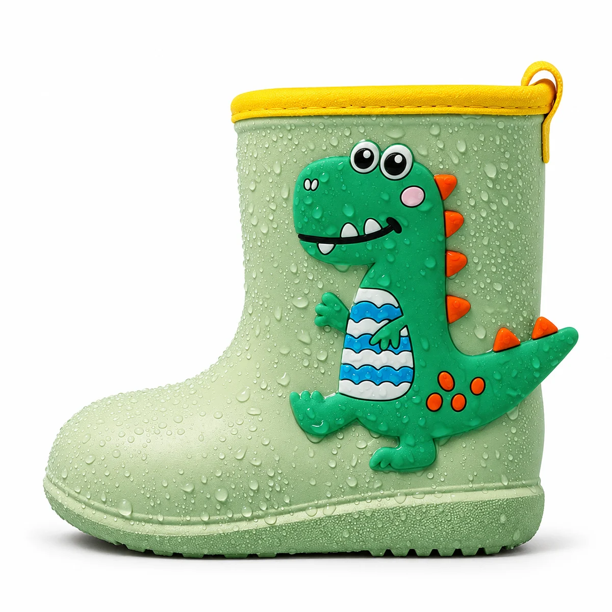 Bottes de pluie vertes à dinosaure en relief vues de profil sur fond blanc.