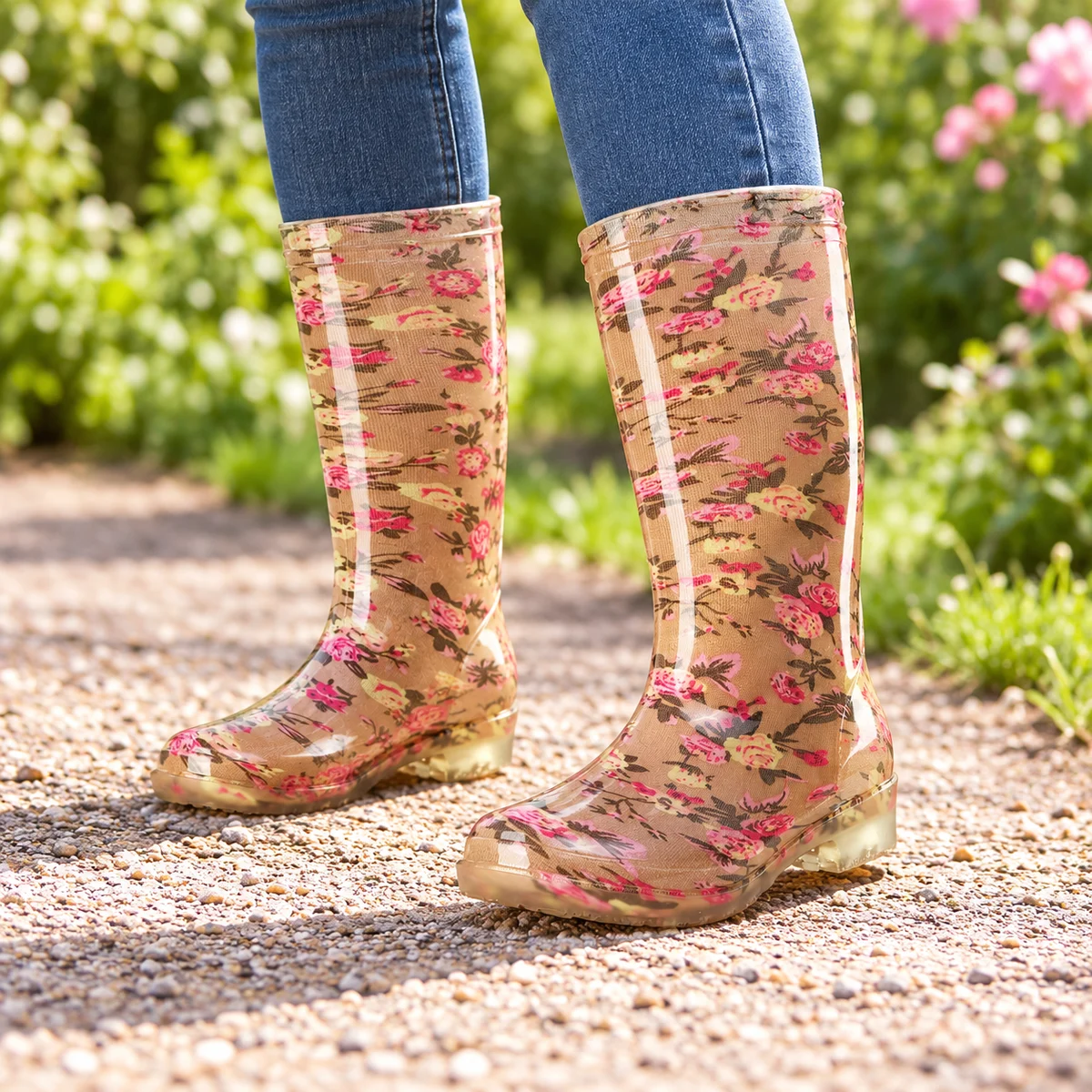Femme portant des bottes de pluie beiges à fleurs roses sur un chemin.