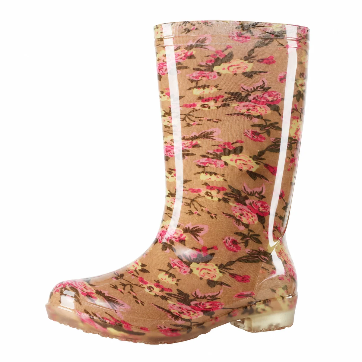 Bottes de pluie beiges à fleurs roses vues de profil sur fond blanc.