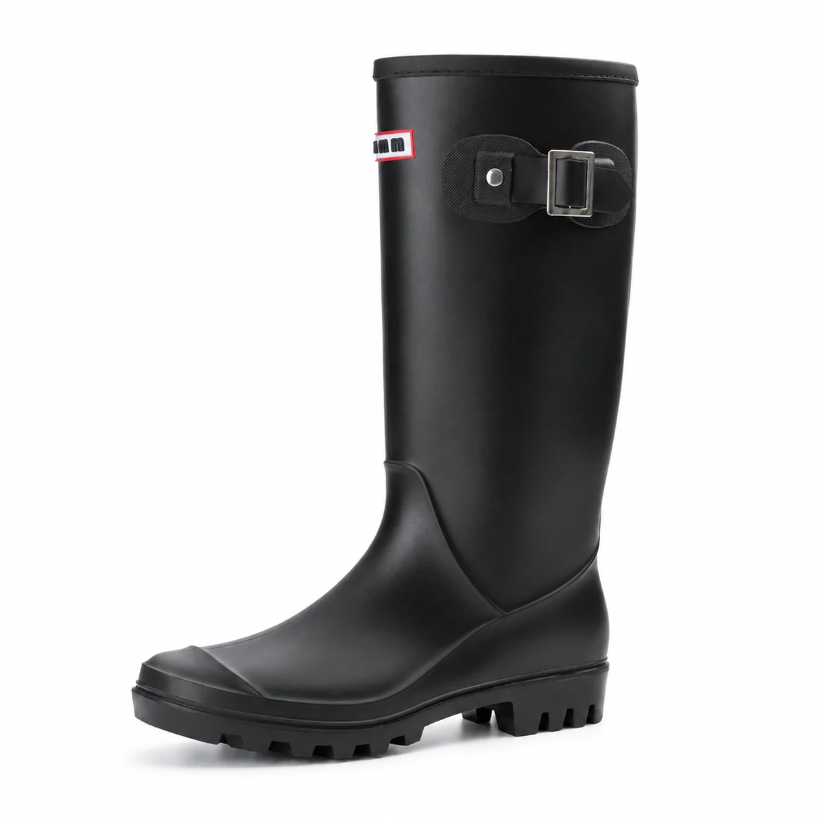 Bottes de pluie noires à boucle rectangulaire vues de profil sur fond blanc.