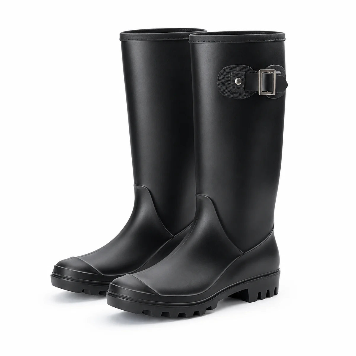 Bottes de pluie noires à boucle rectangulaire présentées sur fond blanc.