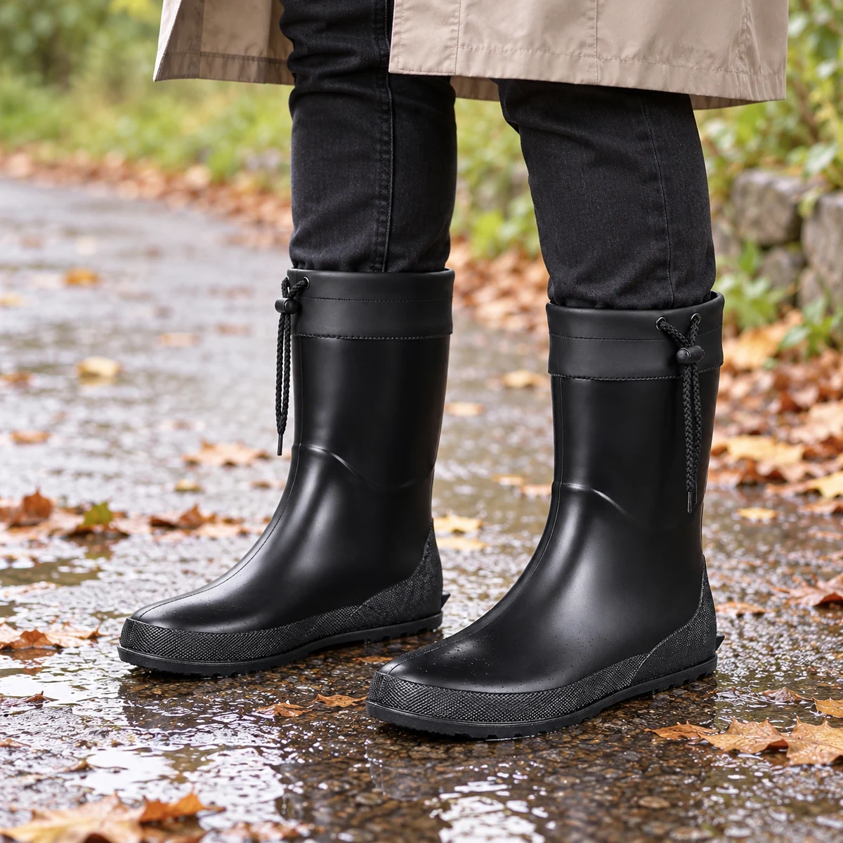 Femme portant des bottes de pluie noires à col resserrable.
