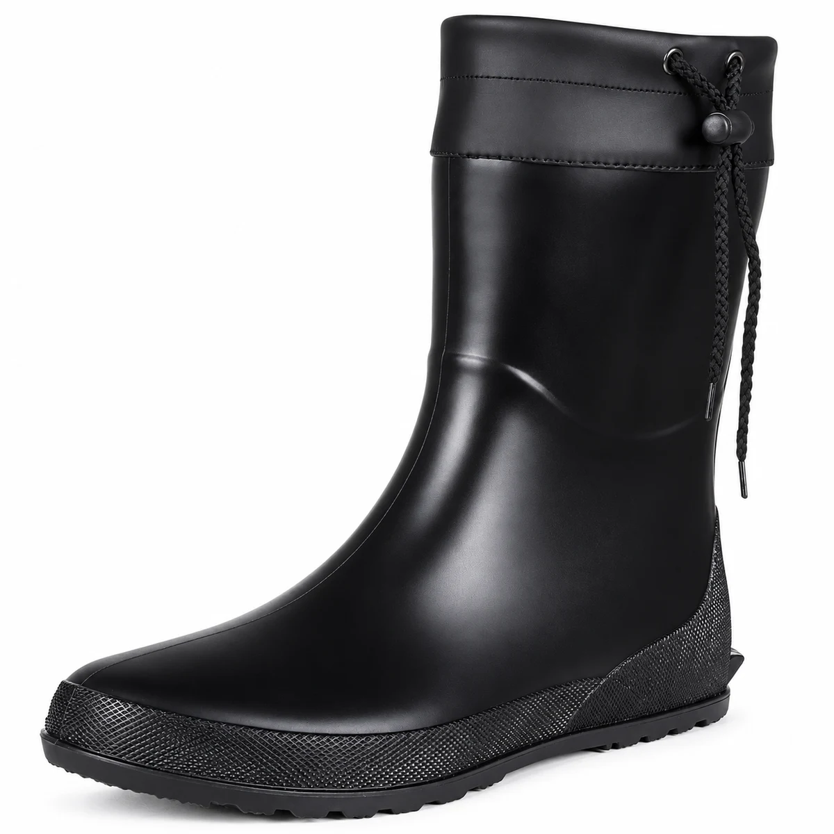 Vue de profil des bottes de pluie noires à col resserrable sur fond clair.