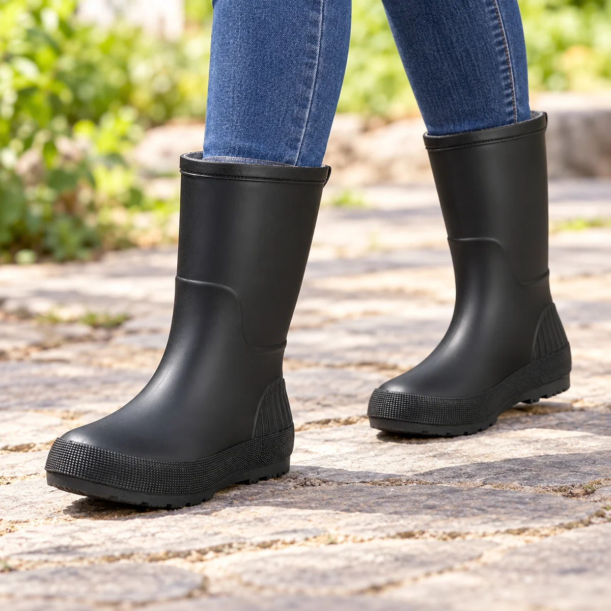 Femme portant des bottes de pluie noires à col simple et tige mate sur un chemin.