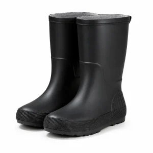 Bottes de pluie noires à col simple et tige mate présentées sur fond blanc.