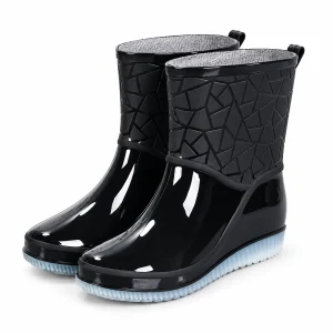 Bottes de pluie noires à col texturé géométrique présentées sur fond blanc.