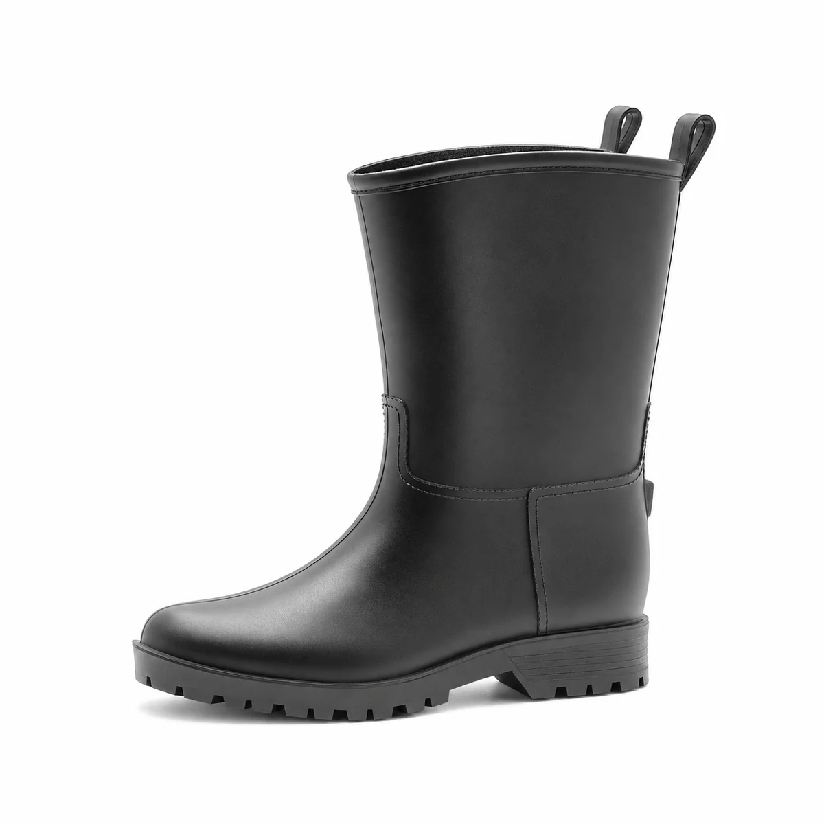 Bottes de pluie noires à deux pattes au col vues de profil sur fond blanc.