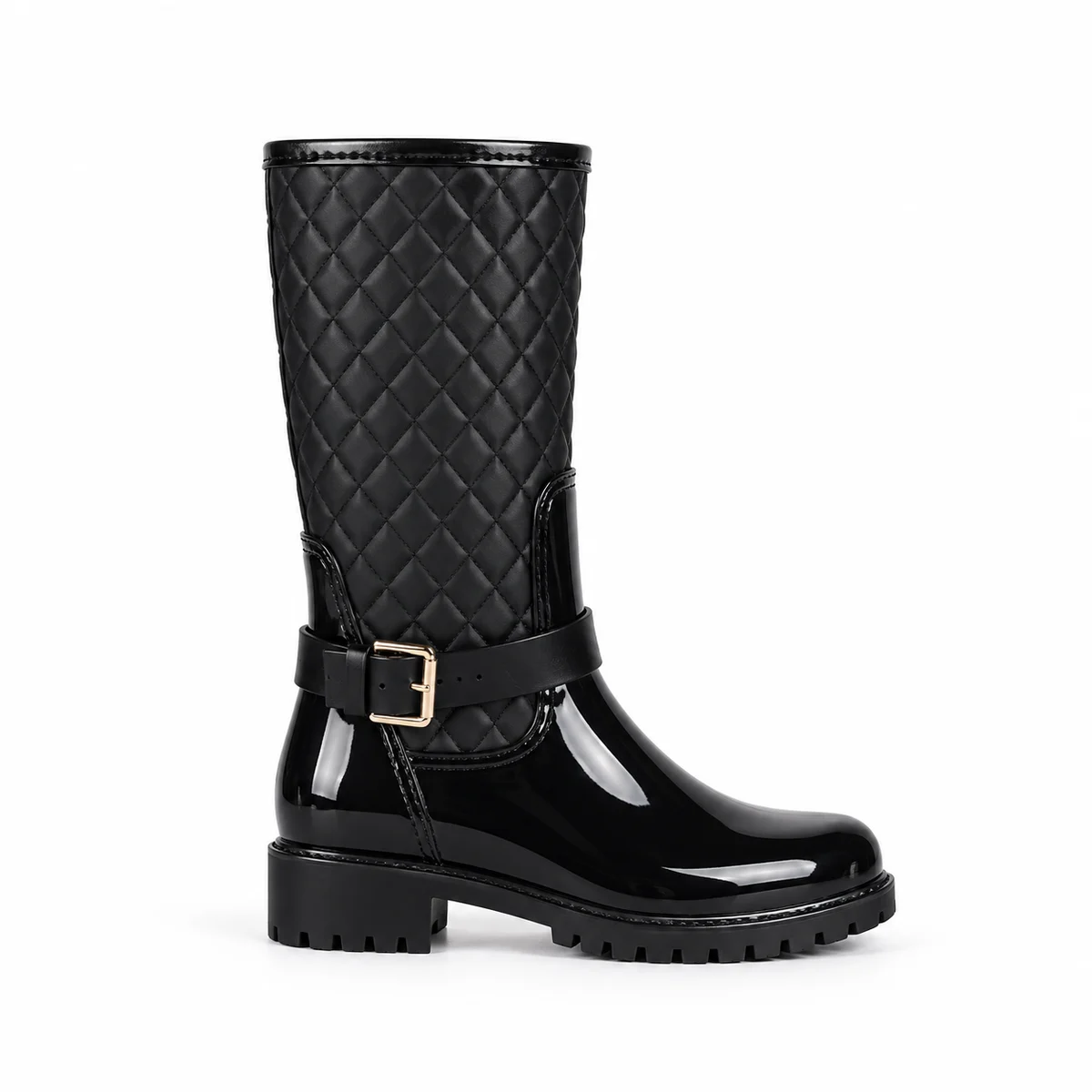 Bottes de pluie noires à matelassage et bas verni vues de profil sur fond blanc.