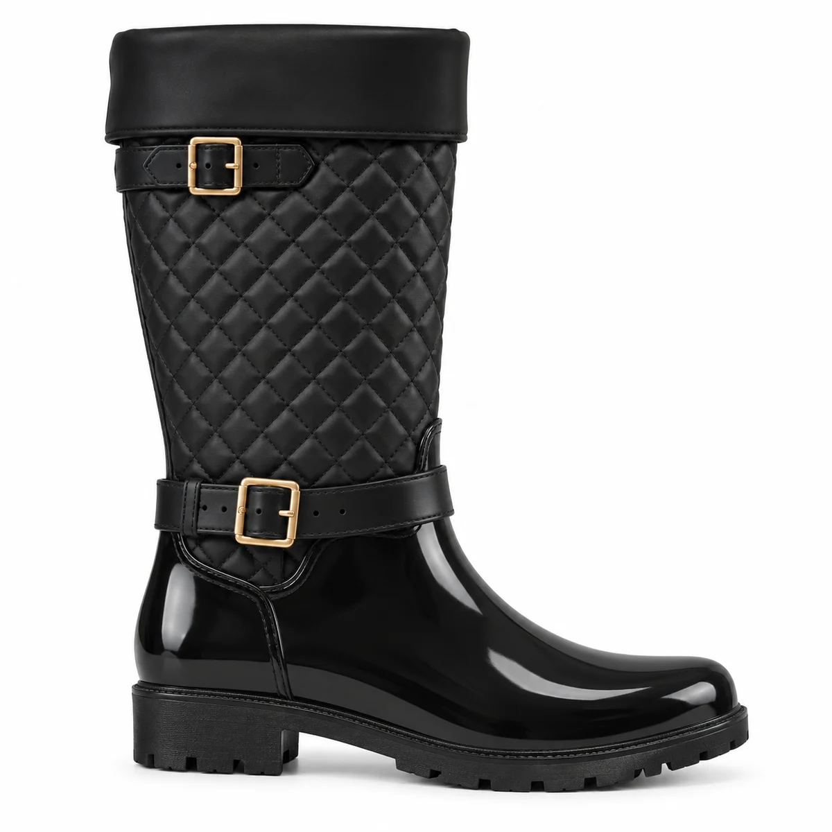 Bottes de pluie noires à tige matelassée et boucle vues de profil sur fond blanc.