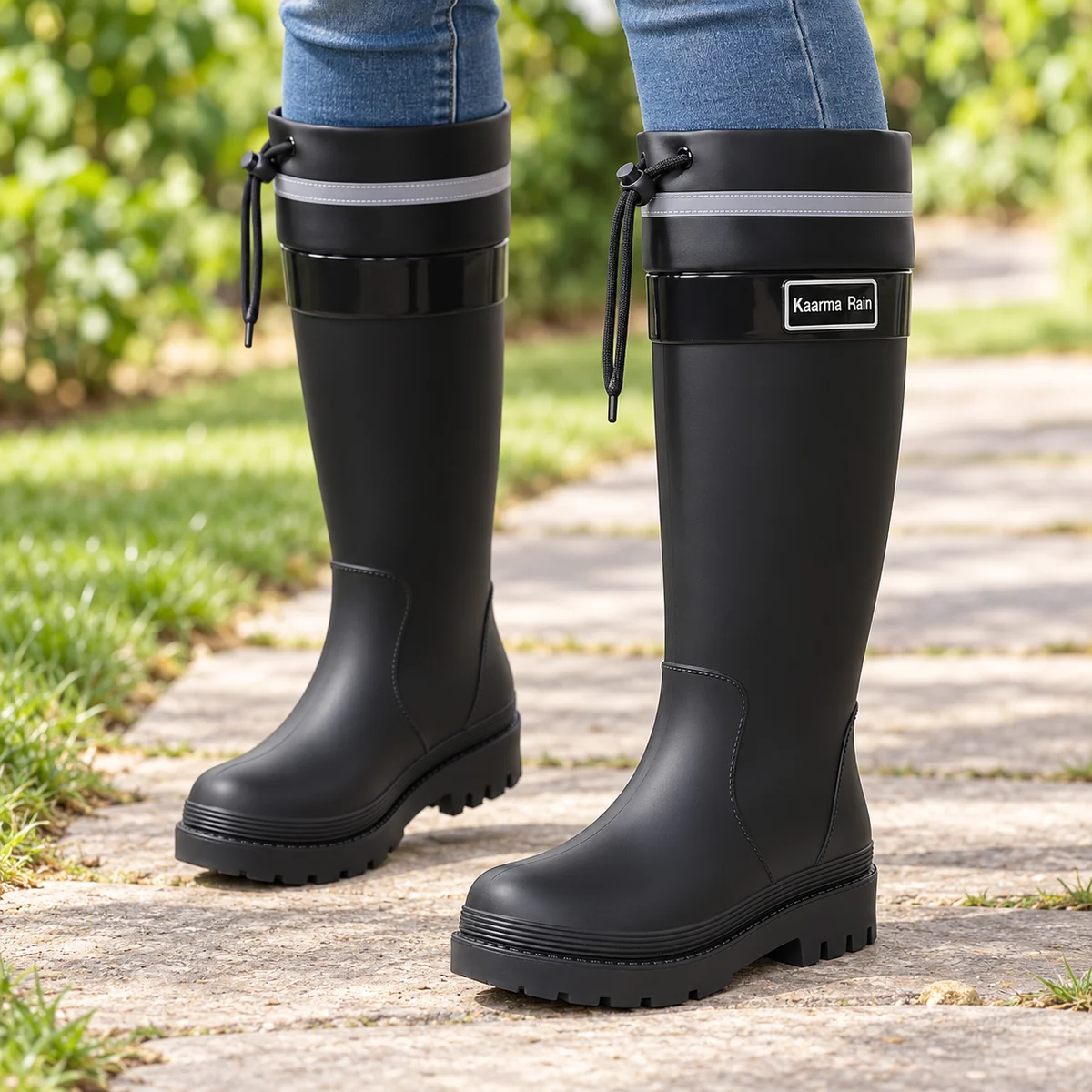Femme portant des bottes de pluie noires hautes à bordure grise sur un chemin.