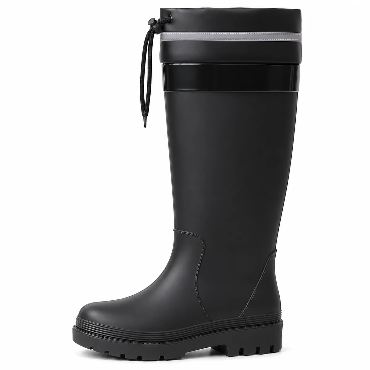 Bottes de pluie noires hautes à bordure grise vues de profil sur fond blanc.