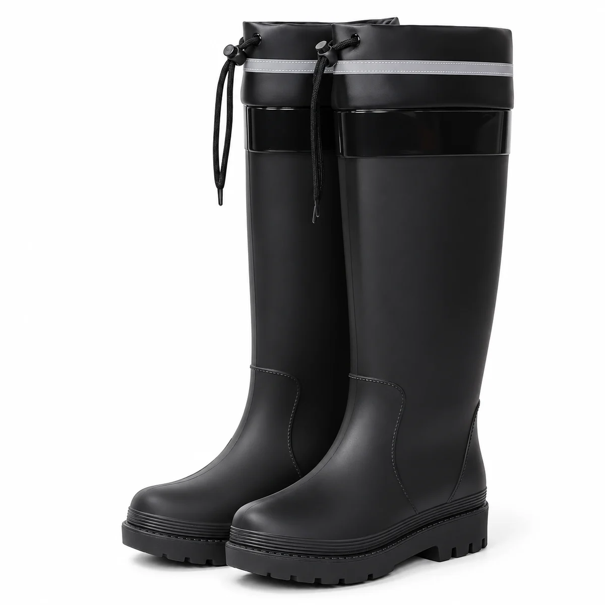 Bottes de pluie noires hautes à bordure grise présentées sur fond blanc.