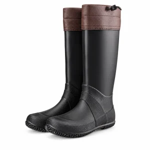 Bottes de pluie noires pliables à col marron présentées sur fond blanc.