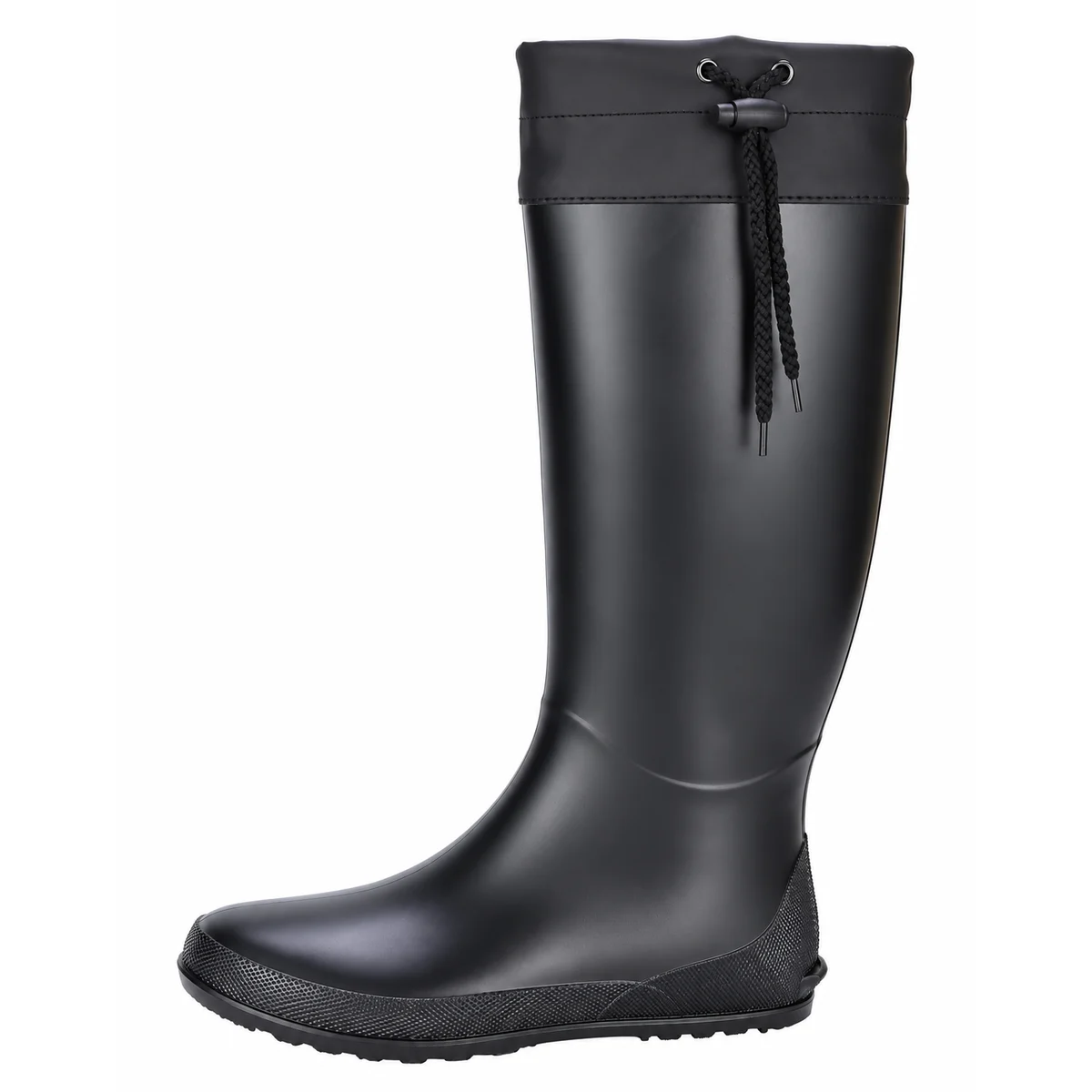 Bottes de pluie noires pliables à cordon vues de profil sur fond blanc.