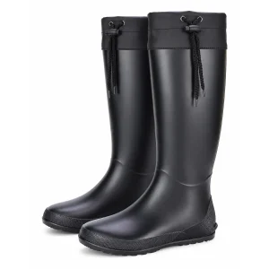 Bottes de pluie noires pliables à cordon présentées sur fond blanc.