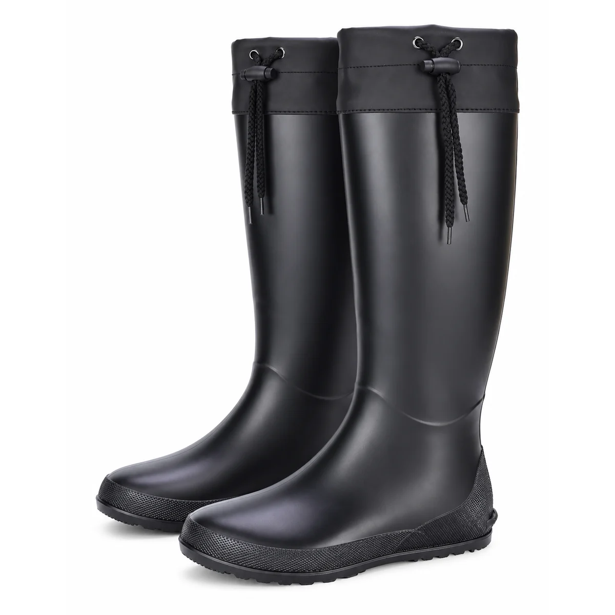 Bottes de pluie noires pliables à cordon présentées sur fond blanc.