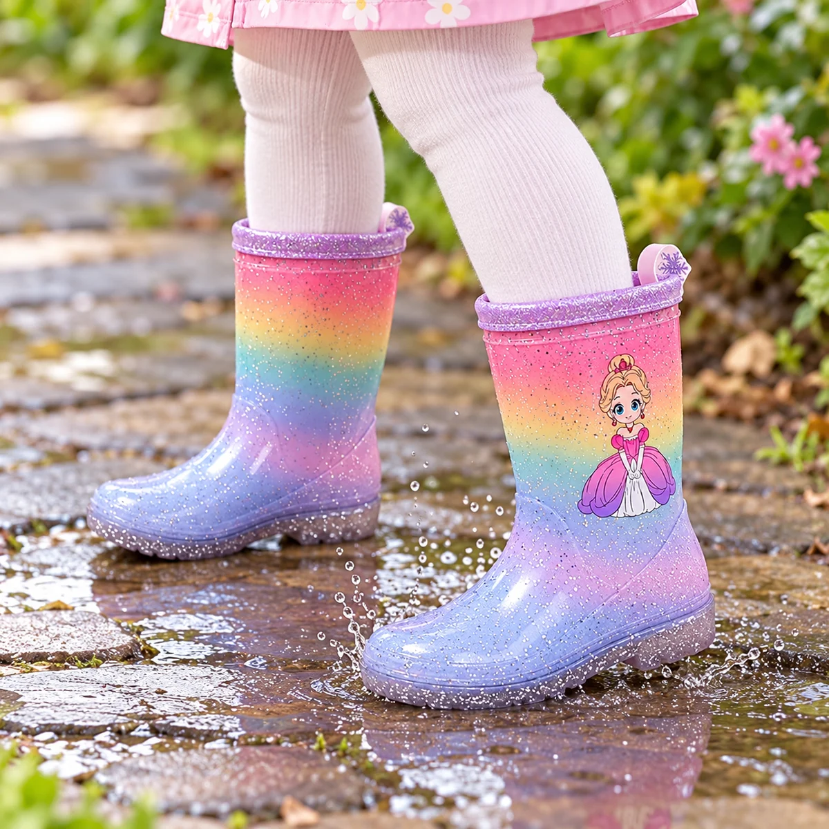 Enfant portant des bottes de pluie pailletées à dégradé arc-en-ciel