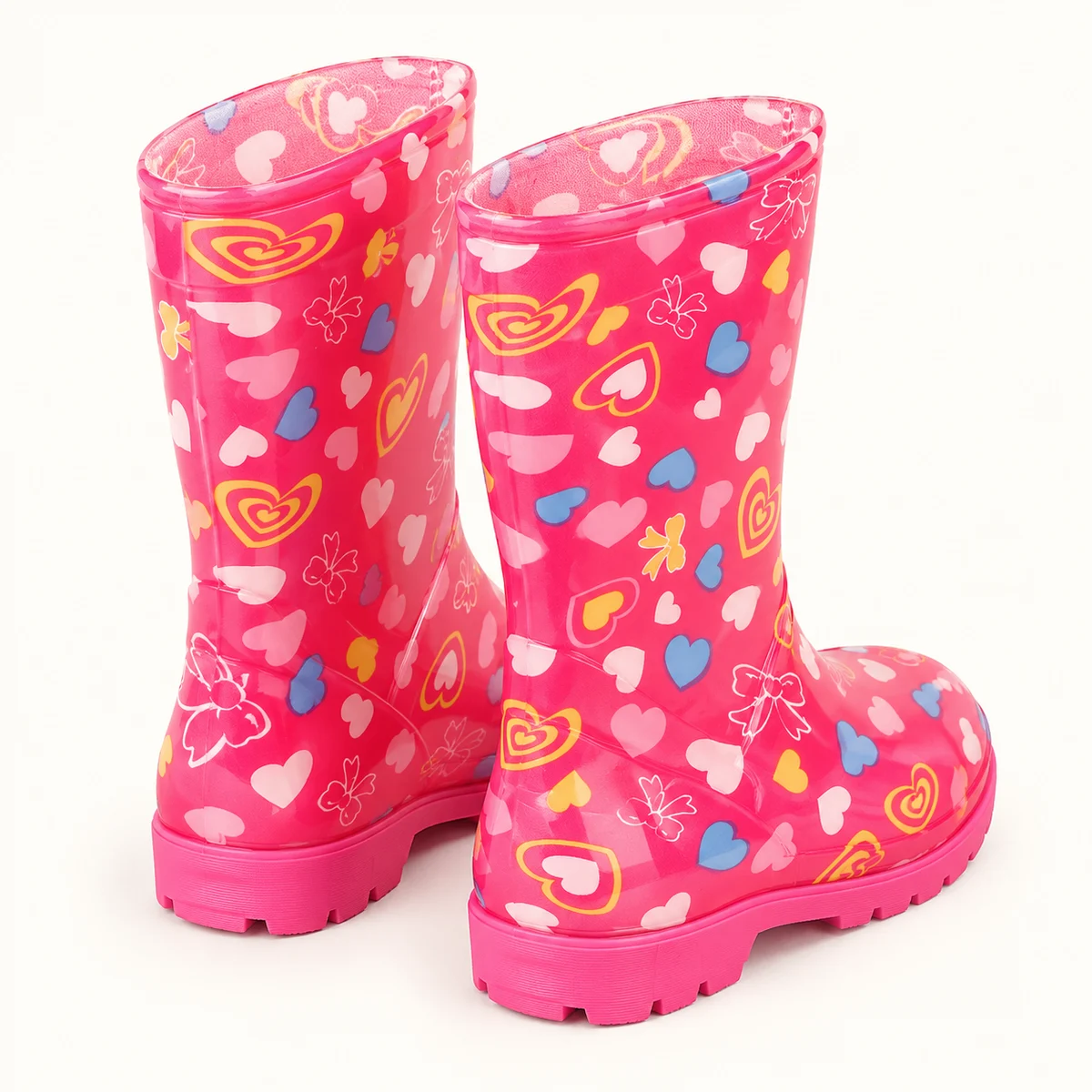 Autre vue de bottes de pluie roses à cœurs multicolores