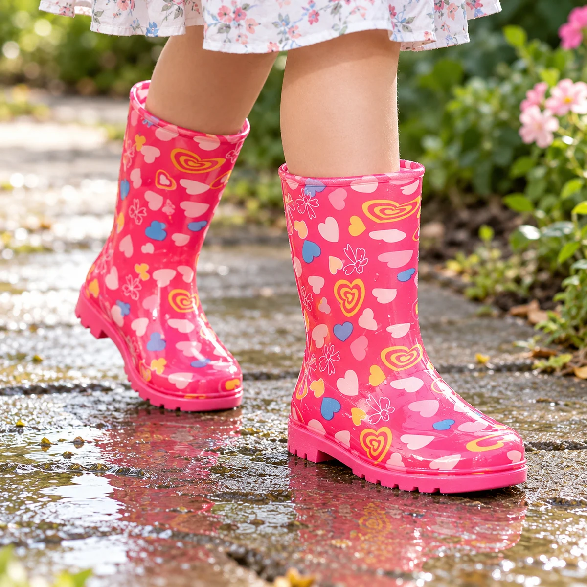 Enfant portant des bottes de pluie roses à cœurs multicolores