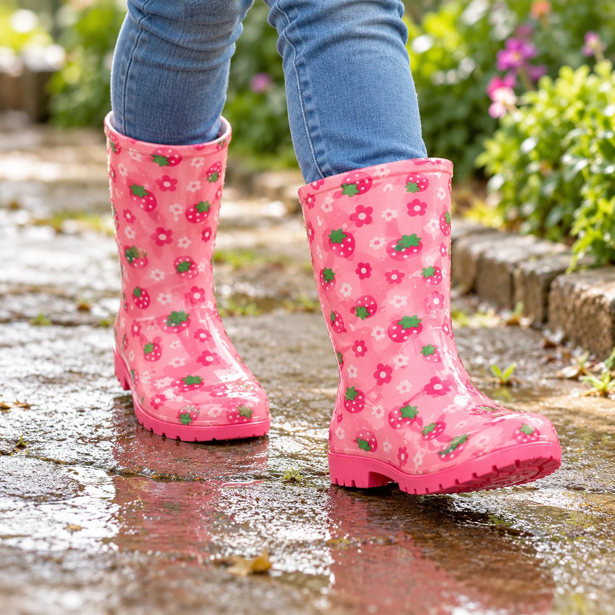 Enfant portant des bottes de pluie roses à fraises et fleurs
