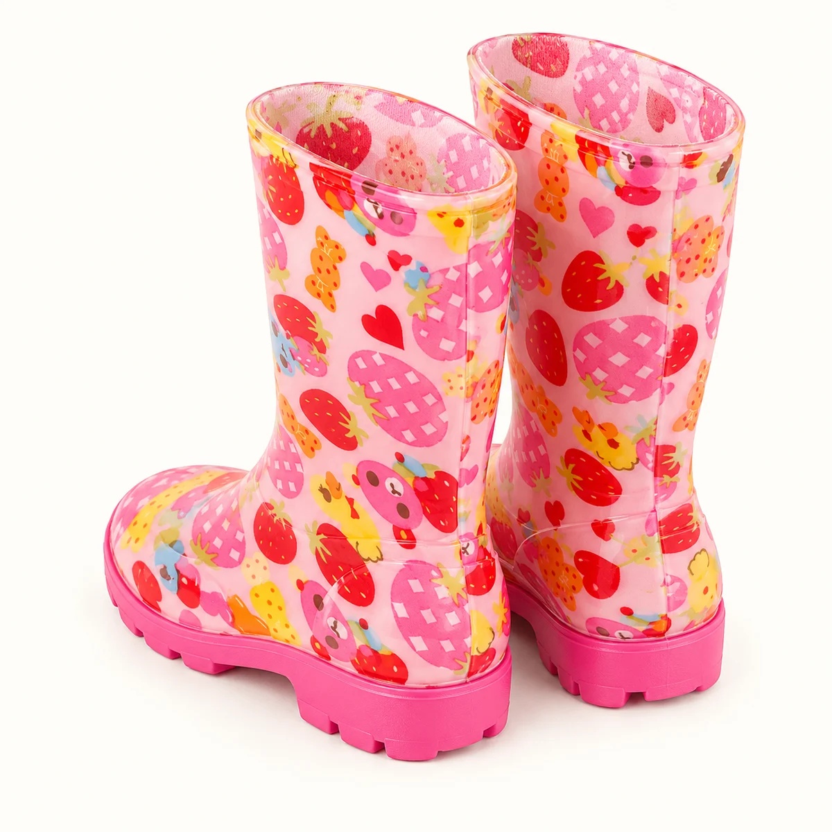 Autre vue de bottes de pluie roses à ours et fraises