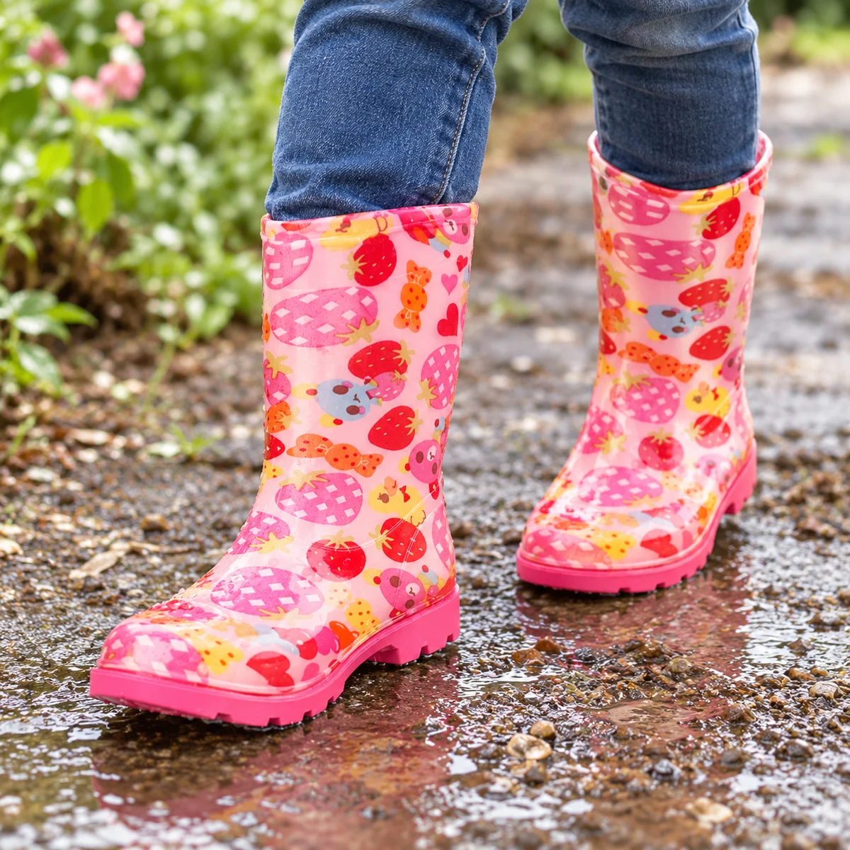 Enfant portant des bottes de pluie roses à ours et fraises