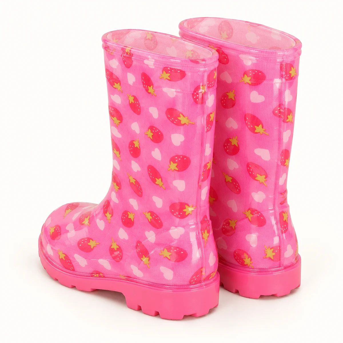 Autre vue de bottes de pluie roses à petites fraises